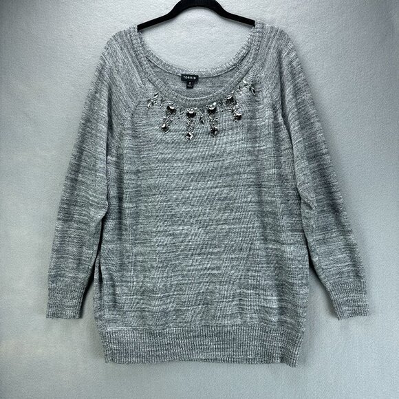 Torrid Sweater Womens 2 18/20 Gray Marled Pullover Embellished Knit Long Sleeve - Picture 1 of 14